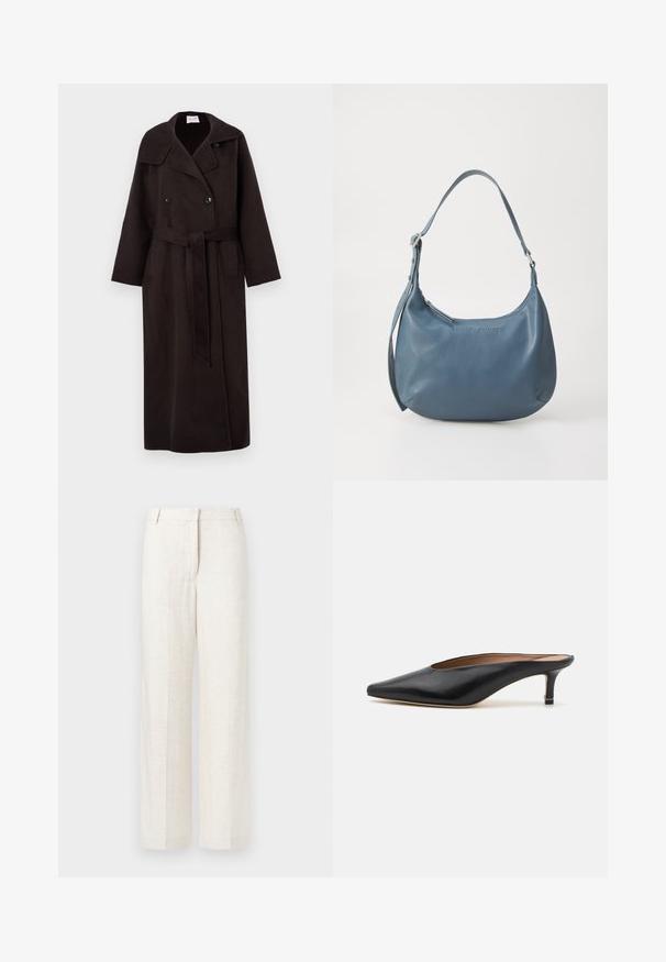 Lange, donkerbruine wollen jas met een dubbelzijdige voorkant, grote kraag, zakken aan de zijkant en een bijpassende riem die om de taille is gestrikt.; Lichtgrijze pullover trui van zacht materiaal. Heeft een ronde halslijn, lange mouwen en een relaxte pasvorm met ribgebreide boorden en onderkant.; Beige wijde broek in een linnenmix, met een soepele textuur, klassieke voorplooien en zijzakken voor extra functionaliteit.; Zwarte leren muiltjes met een puntige neus en een lage, blokhak. Glad oppervlak met een gestroomlijnd ontwerp. Open achterkant met minimale details.; Blauwe leren handtas met een ronde vorm, enkele schouderriem, ritssluiting en geïmpregneerde merknaam aan de voorkant. Gladde textuur.