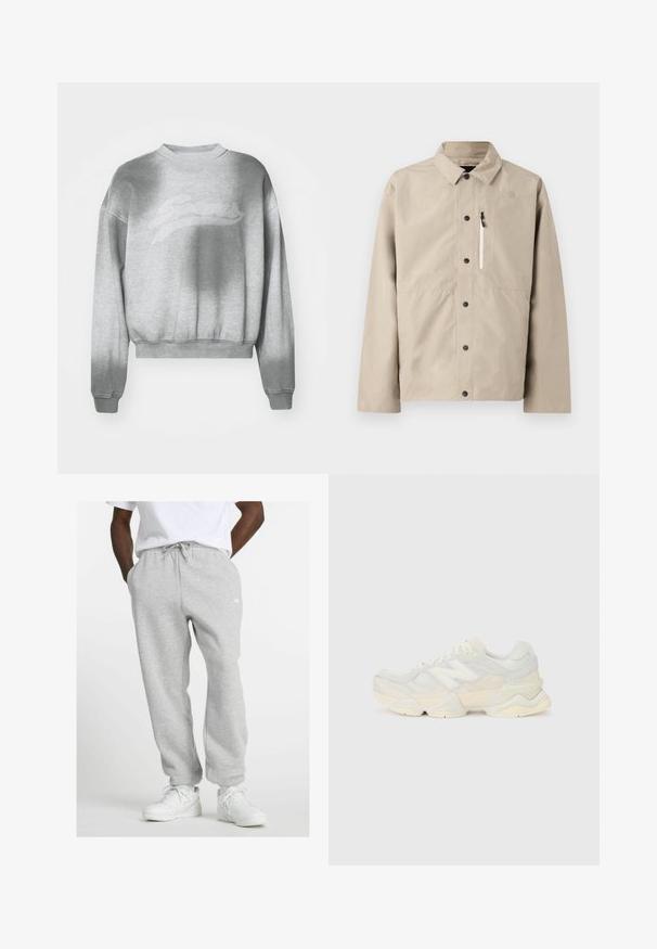 Beige North Face skjortejakke med krage og glidelås brystlomme, designet for utendørsbruk.; Lysegrå cropped sweatshirt med en strukturet overflate, rund halsutskjæring og ribbestrikkede mansjetter. Har en subtil ton-i-ton logo på forsiden.; Mann iført lysegrå joggebukser med snor og hvite sneakers, stående med hendene i lomma på en hvit bakgrunn.; Lett sneaker med en overdel i mesh og semsket skinn i myke kremtoner, med en kraftig såle og tredimensjonale detaljer.