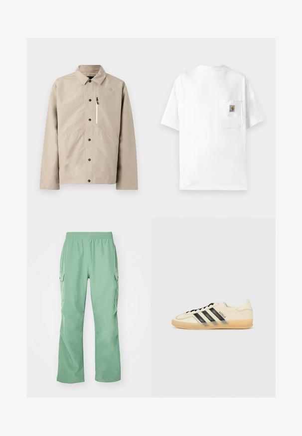Beige bunda na knoflíky značky North Face s límcem a zipovou náprsní kapsou, navržena pro venkovní nošení.; Bílý bavlněný tričko s kulatým výstřihem, krátkými rukávy a náprsní kapsou s logem. Minimalistický design a hladká struktura.; Světlezelené cargo kalhoty s elastickým pasem, vyrobené z hladkého materiálu, obsahující dvě boční kapsy a rovný střih nohavic.; Světle krémové tenisky s černým designem tří pruhů,Texturovaný svršek, kulatá špička a gumová podešev. Obsahují šněrování a branding po straně.