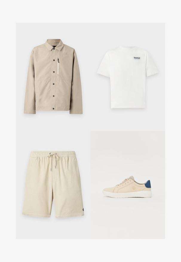 Giacca beige North Face con bottoni, colletto e tasca con zip sul petto, progettata per l'uso all'aperto.; T-shirt bianco in cotone con logo ricamato blu "Timberland Rugged Active Gear" sul lato sinistro del petto. Maniche corte e colletto rotondo.; Shorts in corduroy beige con una fascia elastica in vita e coulisse, caratterizzati da una sottile trama rigata verticale e un piccolo etichetta sul lato.; Sneakers beige in suede, con suola bianca, lacci beige e un dettaglio blu sul tallone. Logo impresso di lato.