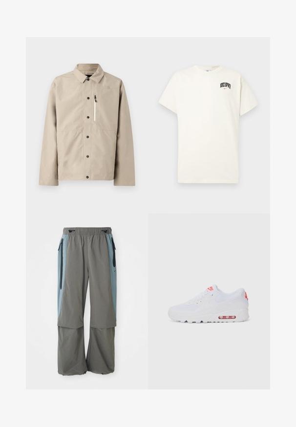 Beżowa kurtka North Face zapinana na guziki z kołnierzem i kieszenią na zamek na piersi, zaprojektowana do noszenia na zewnątrz.; Beżowa bawełniana koszulka z krótkim rękawem, z napisem "NIKE SB" w czarnym i czerwonym kolorze na klatce piersiowej. Klasyczny okrągły dekolt.; Szare spodnie na zewnątrz o szerokim kroju, z ciemnoniebieskimi bocznymi panelami i kieszeniami na zamek. Wykonane z lekkiego, oddychającego materiału.; Białe sportowe sneakersy z gładką cholewką, sznurowaniem, wyściełaną podeszwą i widoczną jednostką powietrzną z czerwonymi akcentami na oznaczeniach.