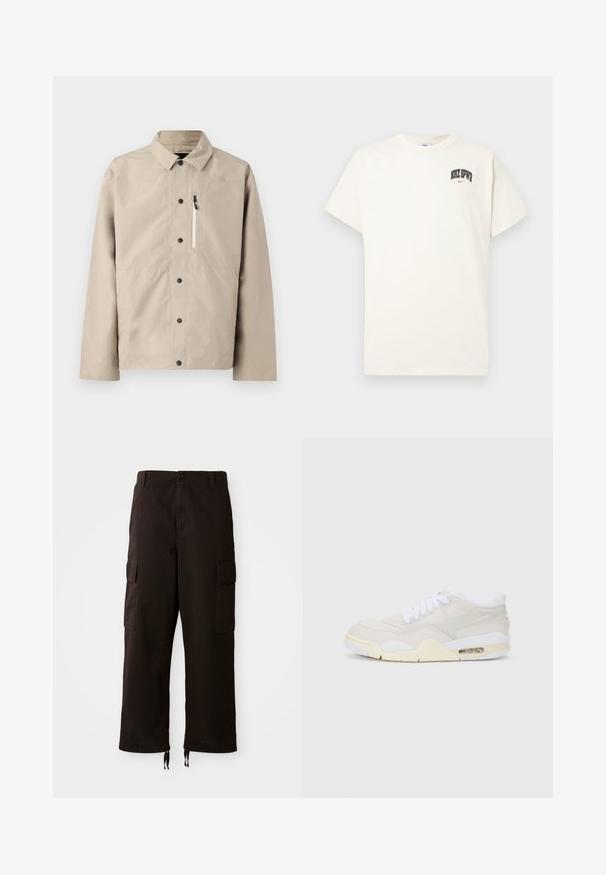 Beige North Face napitettava takki, jossa on kaulus ja vetoketjullinen rintatasku, suunniteltu ulkoilua varten.; Kermanvärinen puuvillapaita lyhyillä hihoilla, jossa rintakehässä on musta- ja punateksti "NIKE SB". Standardi pyöreä kaula-aukko.; Musta cargo-housut rentoa istuvuutta, joissa on kaksi sivutaskua, nappikiinnitys ja säädettävät narut lahkeissa.; Tennarit, joissa on vaaleanbeige synteettinen päällinen, valkoiset nauhat ja näkyvä vaimennus. Ominaisuuksiin kuuluu sileä pohja ja huomaamattomat sivukiinnikkeet.