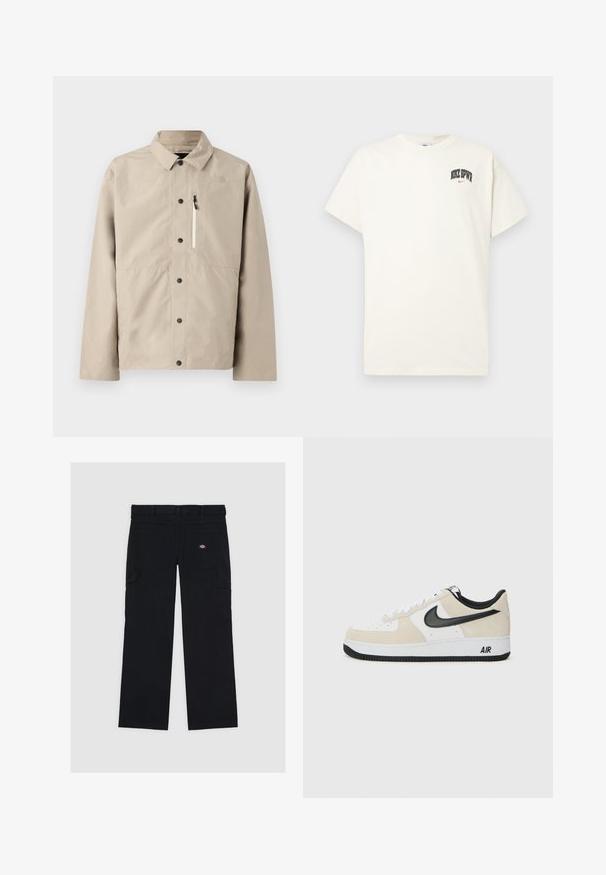 Jachetă bej North Face, cu nasturi, guler și buzunar cu fermoar pe piept, proiectată pentru purtare în aer liber.; T-shirt din bumbac de culoare crem, cu mâneci scurte, având inscripția "NIKE SB" în text negru și roșu pe piept. Guler standard, de formă rotundă.; Pantaloni cargo negri din bumbac, cu multiple buzunare, o textură netedă și o etichetă cu logo pe buzunarul din spate dreapta.; Tenisi cu un superior din suede bej deschis și piele albă, swoosh Nike negru, accente negre și o talpă din cauciuc albă cu marcajul "AIR".