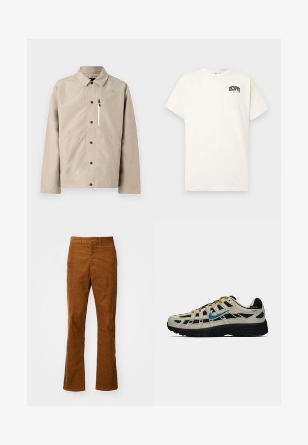 Bežna jakna North Face na gumb s ovratnikom in zadrgo na prsnem žepu, zasnovana za zunanjo nošnjo.; Kremasta bombažna majica s kratkimi rokavi, z natisnjenim napisom "NIKE SB" v črni in rdeči barvi na prsih. Standardni okrogli izrez.; Rjave kordurojske širše hlače z ravnim sprednjim delom, enim gumbom za zapiranje in stranskimi žepi. Tekstura je rebrasta, kar zagotavlja mehak in trpežen občutek.; Bež in črne Nike P-6000 superge z modrim logotipom, rumenimi vezalkami, črnim podplatom in oznako iz Cordura tkanine na peti.