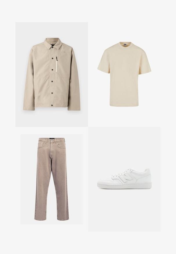 Bežinė North Face sagsta striukė su apykakle ir užtrauktuku priekinėje kišenėje, skirta lauko veikloms.; Bežinė medvilninė marškinė su apvalia iškirpte ir trumpomis rankovėmis, pasižyminti laisvu siluetu ir minimaliais siūlių akcentais. Kasdienis ir universalus dizainas.; Bežinės tiesių kojų džinsai, pagaminti iš džinsinio audinio, su klasikinio penkių kišenių dizainu, siuvinėjimo akcentais ir tvarkingai apdirptu kraštu.; Balti sportbačiai, pagaminti iš lygaus odos, su perforuota nosimi, tekstūruotu guminiais padais, plokščiomis raištelėmis ir ryškiu 'N' logotipu šone.