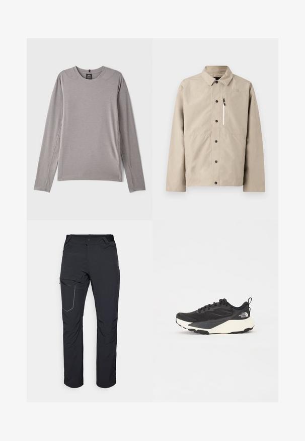 Giacca beige North Face con bottoni, colletto e tasca con zip sul petto, progettata per l'uso all'aperto.; Maglietta grigia a maniche lunghe con scollo rotondo, fessure laterali e tessuto morbido e elasticizzato. Design minimalista senza motivi o decorazioni.; Pantaloni neri da esterno con tasca a zip sulla coscia, cintura elastica e tessuto liscio, resistente all'acqua. Design pulito senza loghi visibili.; Scarpa da allenamento nera con tomaia in mesh testurizzato, dettagli neri solidi e suola leggera bianca. Presenta chiusura con lacci e un tab di pull.