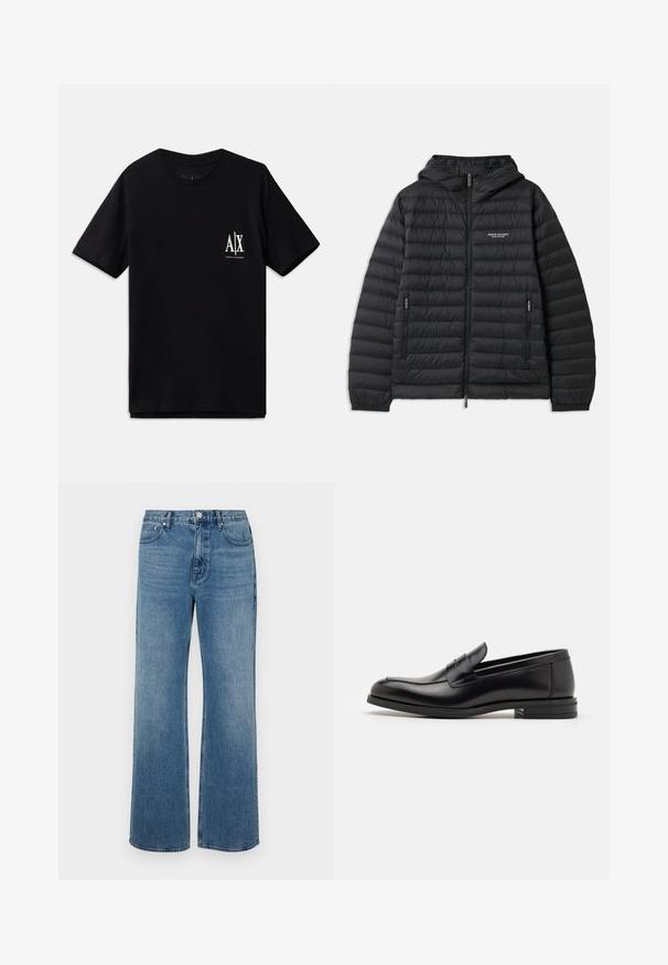 Pružná černá bunda s kapucí, předním zipem a dvěma bočními kapsami. Obsahuje logo na levé části hrudi a texturovaný, prošívaný design.; Armani Exchange Svetr - dark gull zig zag; Černé tričko s krátkým rukávem vyrobené z bavlny, s malým bílým logem na levém prsu. Prostý design s kulatým výstřihem, hladká textura.; Široké modré džíny vyrobené z denimu s vybledlým povrchem. Mají pět kapes, přední zapínání na knoflík a rovný střih.; Černé kožené polobotky s hladkou texturou, zaoblenou špičkou a zdobným páskem přes nárt. Nízký stohovaný podpatek, minimalistický design.