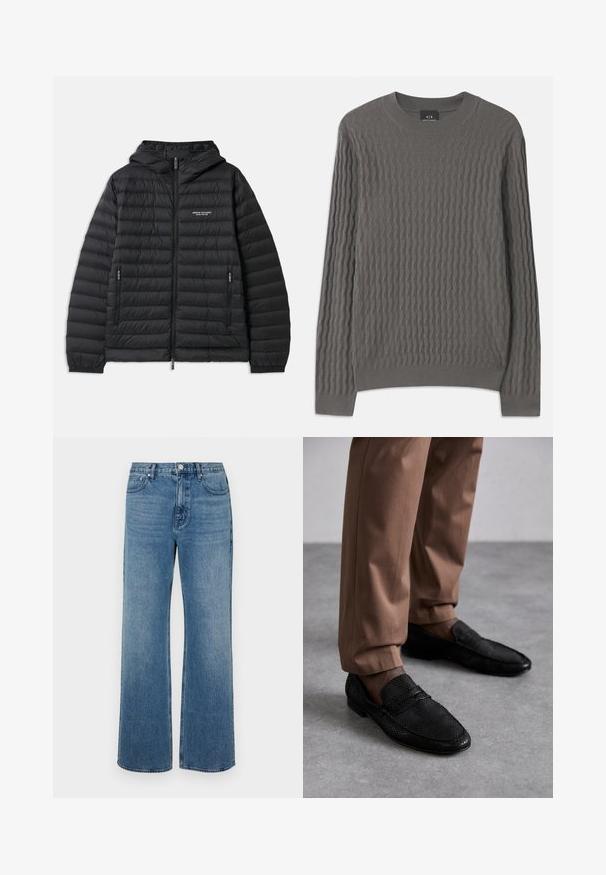 Pružná černá bunda s kapucí, předním zipem a dvěma bočními kapsami. Obsahuje logo na levé části hrudi a texturovaný, prošívaný design.; Armani Exchange Svetr - dark gull zig zag; Široké modré džíny vyrobené z denimu s vybledlým povrchem. Mají pět kapes, přední zapínání na knoflík a rovný střih.; Černé polobotky s texturovaným vzorem, s zaoblenou špičkou a nízkým profilem. V páru s béžovými kalhotami na šedém povrchu.
