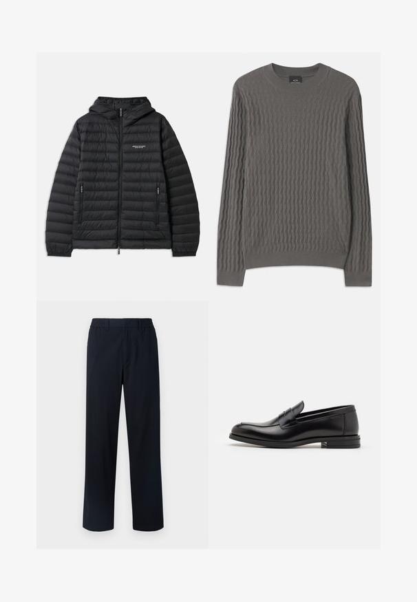 Pehmendatud must jakk kapuutsiga, ees luku ja kahe küljetaskuga. Funktsioonide seas on logo vasakul rinnal ja tekstureeritud, tikandiga muster.; Armani Exchange Džemper - dark gull zig zag; Tumes mustriga püksid elastse vöökoha, sirge sääre disaini, tekstuurse kanga ning ilma nähtavate taskute või kaunistusteta.; Mustad mustad nahast loafers sileda tekstuuriga, ümarat ninaosa ja dekoratiivne riba vampi üle. Madal kihiline konts, minimalistlik disain.