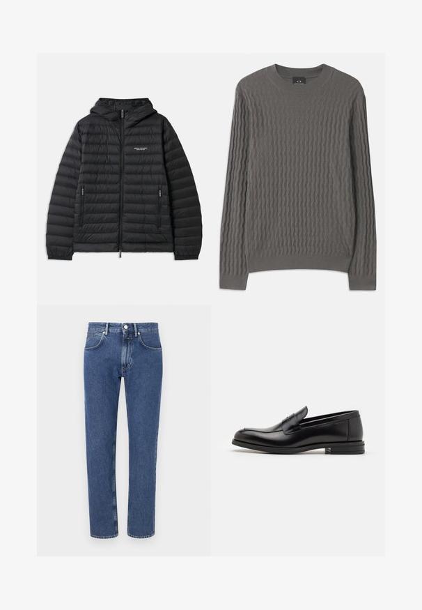 Vaatteet musta pehmustettu takki hupulla, edessä vetoketju ja kaksi sivutaskua. Oikealla rintakehässä logo ja teksturoitu, tikattu muotoilu.; Armani Exchange Neule - dark gull zig zag; Siniset farkut suoralinjaisella muotoilulla, vahvistetut saumat, viisi taskua ja edessä napitus.; Mustat nahkakengät, joissa on sileä pinta, pyöreä kärki ja koristeellinen nauha jalkapöydän yli. Matala pinoitu koroke, minimalistinen muotoilu.