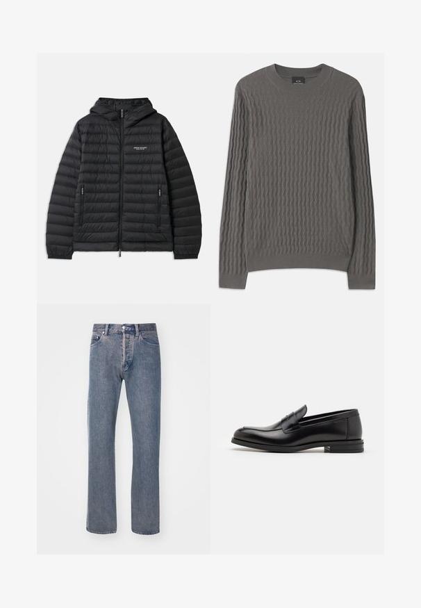 Pehmendatud must jakk kapuutsiga, ees luku ja kahe küljetaskuga. Funktsioonide seas on logo vasakul rinnal ja tekstureeritud, tikandiga muster.; Armani Exchange Džemper - dark gull zig zag; Heled sinise otste säärega teksad, mis on valmistatud denimist, viie tasku disainiga, lukuga ja eristuvate õmbluse detailidega.; Mustad mustad nahast loafers sileda tekstuuriga, ümarat ninaosa ja dekoratiivne riba vampi üle. Madal kihiline konts, minimalistlik disain.