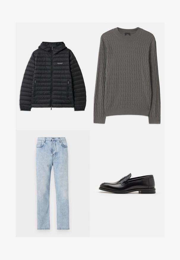 Párnázott fekete dzseki kapucnival, elülső cipzárral és két oldalsó zsebbel. A bal mellen logó található, valamint textúrált, steppelt mintázat jellemzi.; Armani Exchange Pulóver - dark gull zig zag; Világoskék farmernadrág, egyenes lábú fazonnal, öt zsebes stílusban és látható varrással. Az anyaga puha, enyhén kopott hatással.; Fekete bőr loaferek sima textúrával, kerek orral és dekoratív pánttal a vampnál. Alacsony, rétegelt sarkú, minimalista dizájn.