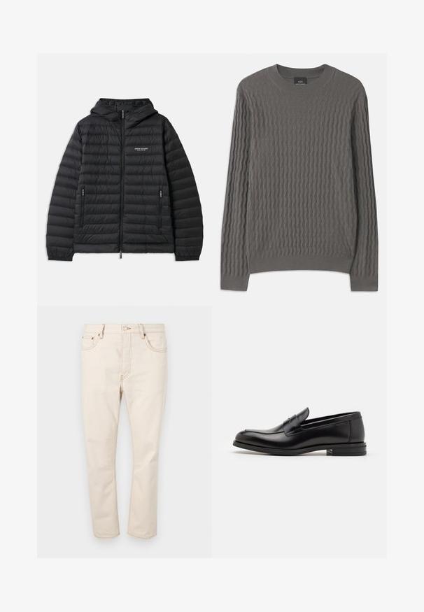 Casaco acolchoado preto com capuz, fecho frontal e dois bolsos laterais. Apresenta um logo no lado esquerdo do peito e um design texturizado e acolchoado.; Armani Exchange Camisola - dark gull zig zag; Jeans de ganga bege com cortes retos, apresentando cinco bolsos, costuras em contraste e um fecho de botão na cintura.; Mocassins de couro preto com uma textura suave, bico arredondado e uma faixa decorativa sobre o peito do pé. Salto baixo e empilhado, design minimalista.