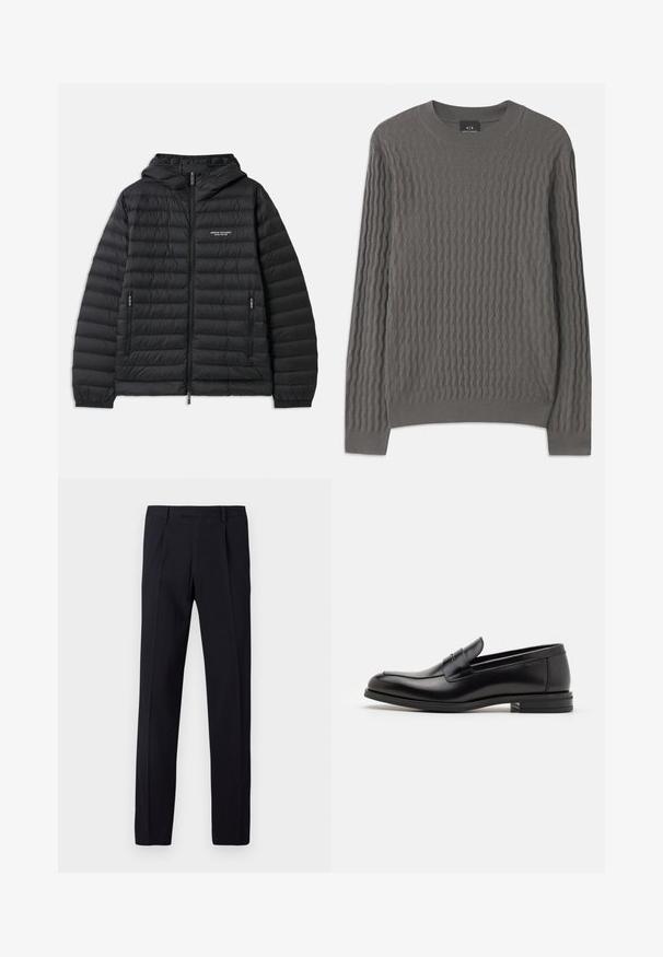 Zwarte gewatteerde jas met een capuchon, een rits aan de voorkant en twee zijzakken. Beschikt over een logo op de linkerkant van de borst en een structuur met gewatteerd ontwerp.; Armani Exchange Trui - dark gull zig zag; Zwarte broek met een gestructureerde afwerking, voorzien van een rechte snit, riemlussen en geplooide vouwen aan de voorkant. Geen zichtbare zakken.; Zwarte leren instappers met een gladde textuur, ronde neus en een decoratieve band over de wreef. Lage, gestapelde hak en minimalistisch ontwerp.