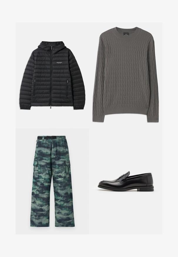 Padded black jacket with a hood, front zipper, and two side pockets. Features a logo on the left chest and textured, quilted design.; Armani Exchange Jumper - dark gull zig zag; Cargo pants in a camouflage pattern featuring dark green, teal, and black shades. Wide leg design with side pockets and a belted waist.; Black leather loafers with a smooth texture, rounded toe, and a decorative strap across the vamp. Low stacked heel, minimalist design.