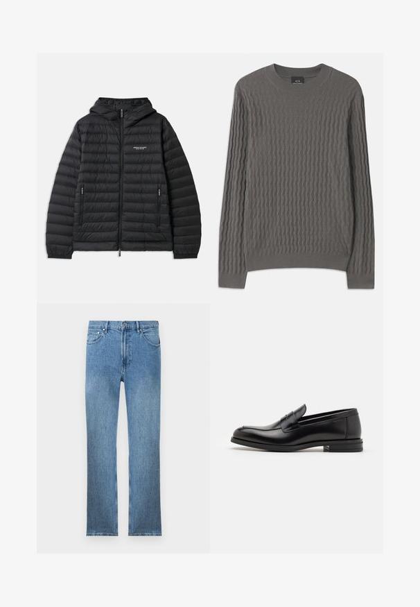 Podložena črna jakna s kapuco, sprednjim zadrgo in dvema stranskima žepoma. Ima logotip na levem prsnem delu in teksturiran, quilted dizajn.; Armani Exchange Pulover - dark gull zig zag; Svjetloplave traperice s ravnim krojem, pet džepova, patentnim zatvaračem i kontrastnim šavovima. Tkanina ima glatku, teksturiranu površinu.; Črne usnjene loafer čevlje z gladko teksturo, zaobljenim nosom in dekorativnim trakom čez zgornji del. Nizka zložena peta, minimalističen dizajn.