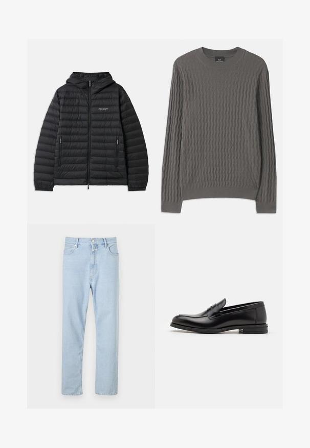 Jachetă neagră căptușită cu glugă, fermoar frontal și două buzunare laterale. Prezintă un logo pe pieptul stâng și un design texturat, matlasat.; Armani Exchange Pulover - dark gull zig zag; Jeans din denim de culoare albastru deschis, cu croielă dreaptă, dotate cu fermoar și nasture, cinci buzunare și o ușoară decolorare a materialului.; Mocasini din piele neagră cu o textură netedă, vârf rotund și o curea decorativă peste partea superioară. Toc mic, design minimalist.