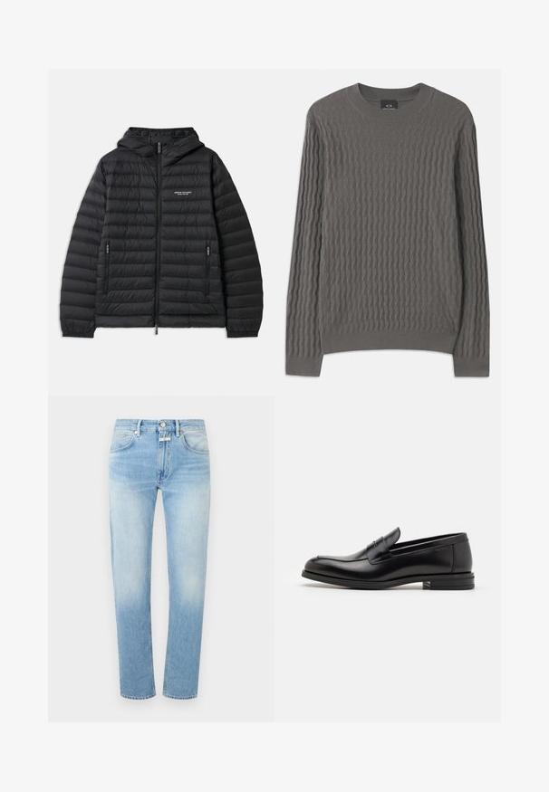 Vadderad svart jacka med huva, framdragkedja och två sidofickor. Har en logotyp på vänster bröst och en texturerad, kviltad design.; Armani Exchange Stickad tröja - dark gull zig zag; Ljusblå denimjeans med rak passform, två framfickor, knäppning samt diskret blekning över tyget.; Svarta läderloafers med en slät yta, rund tå och ett dekorativt band över främre delen. Låg staplad klack, minimalistisk design.