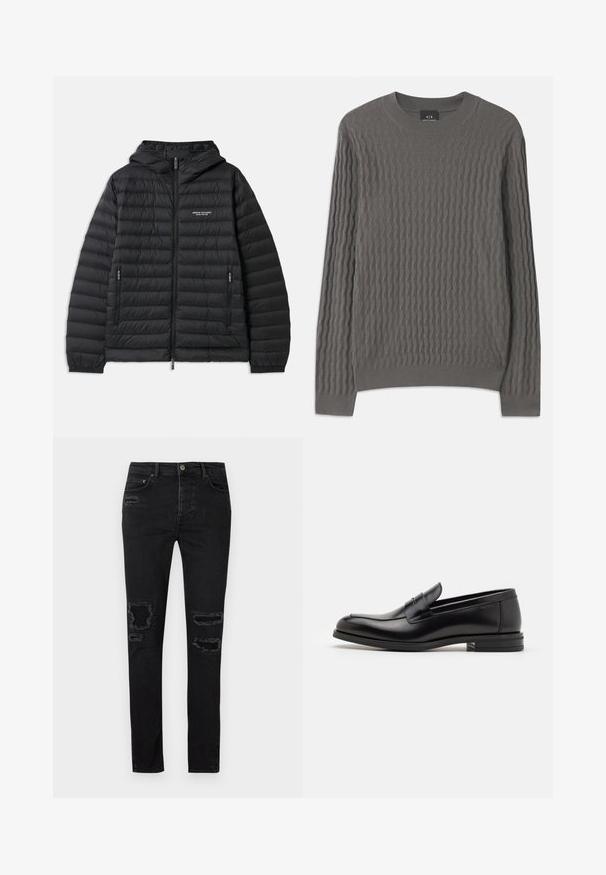Veste noire matelassée avec capuche, fermeture éclair sur le devant et deux poches latérales. Présente un logo sur la poitrine gauche et un design texturé, matelassé.; Armani Exchange Pullover - dark gull zig zag; Jean en denim noir avec une coupe slim, dotés de déchirures usées au niveau des genoux, de coutures ton sur ton et d'une fermeture classique à bouton et à zipper.; Mocassins en cuir noir avec une texture lisse, bout rond et une sangle décorative sur le dessus. Talon bas empilé, design minimaliste.