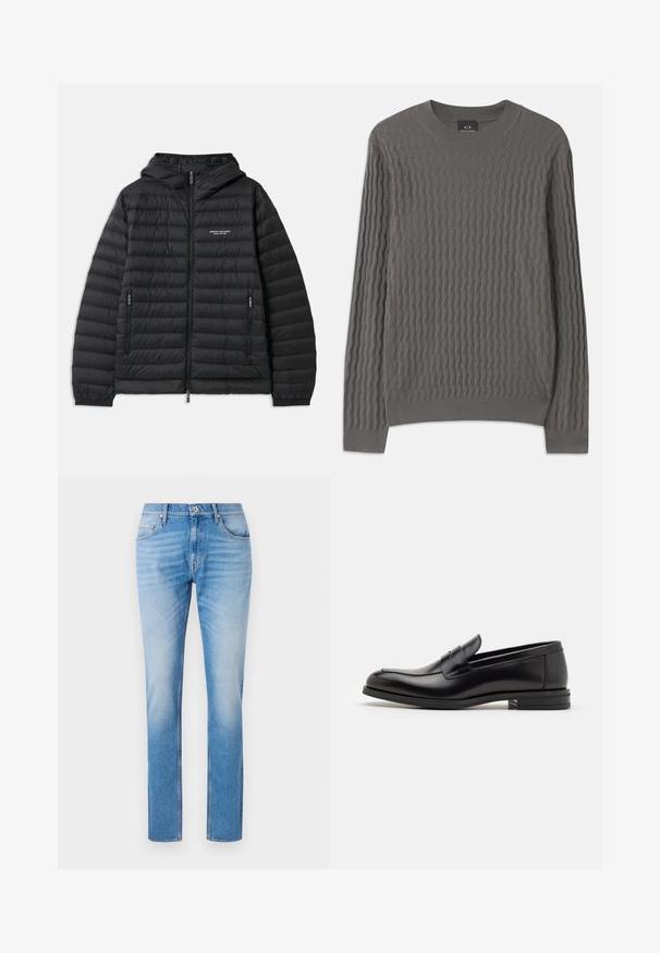 Podložena črna jakna s kapuco, sprednjim zadrgo in dvema stranskima žepoma. Ima logotip na levem prsnem delu in teksturiran, quilted dizajn.; Armani Exchange Pulover - dark gull zig zag; Svetlo modri jeans z ravnim krojem, ki vključujejo klasični pet žepni dizajn, kontrastno šivanje in rahlo bledenje.; Črne usnjene loafer čevlje z gladko teksturo, zaobljenim nosom in dekorativnim trakom čez zgornji del. Nizka zložena peta, minimalističen dizajn.