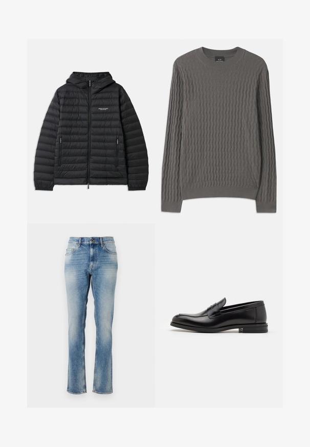 Párnázott fekete dzseki kapucnival, elülső cipzárral és két oldalsó zsebbel. A bal mellen logó található, valamint textúrált, steppelt mintázat jellemzi.; Armani Exchange Pulóver - dark gull zig zag; Világoskék farmernadrág, egyenes lábformával, finom kopásokkal, öt zsebbel, valamint varrott díszítésekkel a deréknál és a szegélyeknél.; Fekete bőr loaferek sima textúrával, kerek orral és dekoratív pánttal a vampnál. Alacsony, rétegelt sarkú, minimalista dizájn.