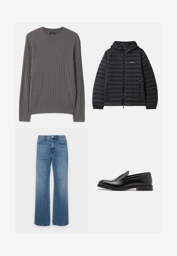 Juodasis paminkštintas švarkas su gobtuvu, priekiniais užtrauktukais ir dviem šoniniais kišenėmis. Kairėje krūtinės pusėje yra logotipas, o dizainas yra tekstūruotas, siuvinėtas.; Armani Exchange Džemperis - dark gull zig zag; Platus blaujos džinsai, pagaminti iš dėvėtos džinsinio audinio. Sukurtas su penkiomis kišenėmis, priekiniais sagčių uždarymu ir tiesiu kirpimu.; Juodos odinės loafers, turinčios lygų paviršių, apvalią noselę ir dekoratyvinę juostą per priekinę dalį. Žemas krentantis kulnas, minimalistinis dizainas.