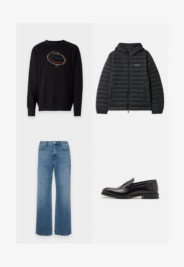 Mīksts melns mētelis ar kapuci, priekšā ar rāvējslēdzēju un divām sānu kabatām. Uz kreisā krūškurvja izvietots logo un teksturēts, quilted dizains.; Melnā sporta krekls ar apaļu, krāsainu grafisko dizainu un zelta tekstu "PS Paul Smith" uz krūškurvja. Kokvilnas audums, ar apaļu kakla līniju.; Platās kājas zilo džinsu bikses izgatavotas no zila auduma ar izbalējušu apdari. Tām ir piecas kabatas, priekšējais pogu aizdare un taisna piegriezuma forma.; Melnas ādas kurpes ar gludu tekstūru, noapaļu purngalu un dekoratīvu siksniņu pāri priekšpusei. Zems sakrauts papēdis, minimālisma dizains.