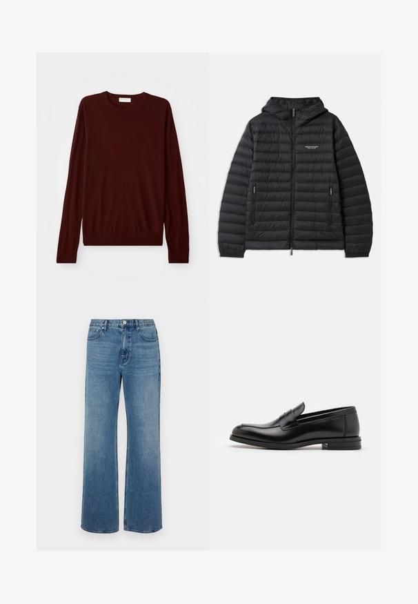 Padded black jacket with a hood, front zipper, and two side pockets. Features a logo on the left chest and textured, quilted design.; Maroon long-sleeve crew neck sweater with ribbed cuffs and hem, laid flat on a white background.; Wide-leg blue jeans made of denim with a faded finish. Features five pockets, a front button closure, and a straight cut.; Black leather loafers with a smooth texture, rounded toe, and a decorative strap across the vamp. Low stacked heel, minimalist design.