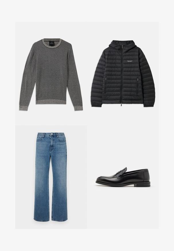 Vaatteet musta pehmustettu takki hupulla, edessä vetoketju ja kaksi sivutaskua. Oikealla rintakehässä logo ja teksturoitu, tikattu muotoilu.; Harso villapaita harmaan värisenä, jossa on teksturoitu timanttikuvio. Ominaisuuksina on ribbineulos kaula-aukko ja hihansuut, sekä yksivärinen harmaa helma.; Levelederg blå jeans laget av denim med en falmet finish. Har fem lommer, glidelås foran og rett snitt.; Mustat nahkakengät, joissa on sileä pinta, pyöreä kärki ja koristeellinen nauha jalkapöydän yli. Matala pinoitu koroke, minimalistinen muotoilu.