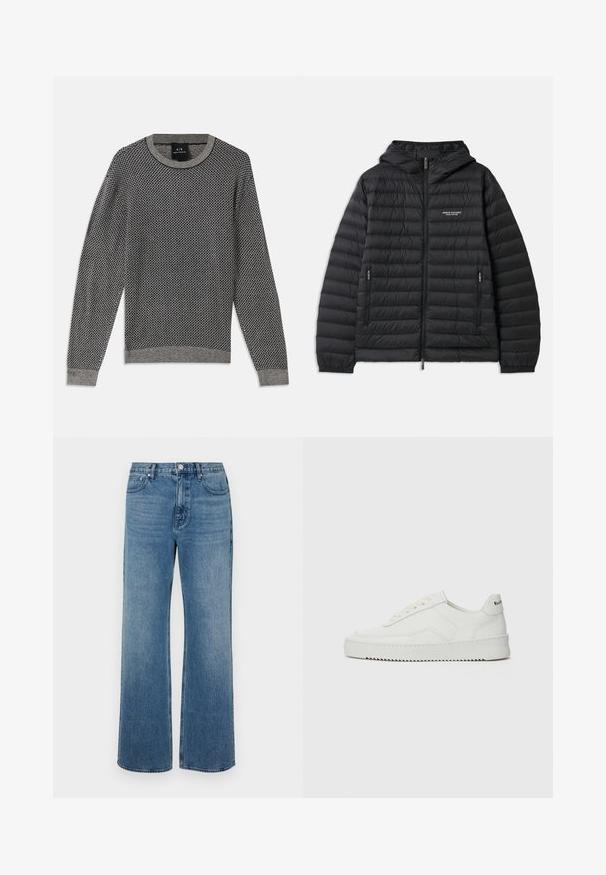 Párnázott fekete dzseki kapucnival, elülső cipzárral és két oldalsó zsebbel. A bal mellen logó található, valamint textúrált, steppelt mintázat jellemzi.; Szürke kötött pulóver, texturált gyémántmintával. Bordás gallérral és mandzsettákkal rendelkezik, az alja egyszínű szürke.; Széles lábú, koptatott kék farmernadrág. Öt zsebből, elülső gombos záródásból és egyenes szabásból áll.; Fehér bőr sportcipő sima felülettel, kerek orral, lapos fűzőkkel és texturált talppal. Finom logó található a sarokon.