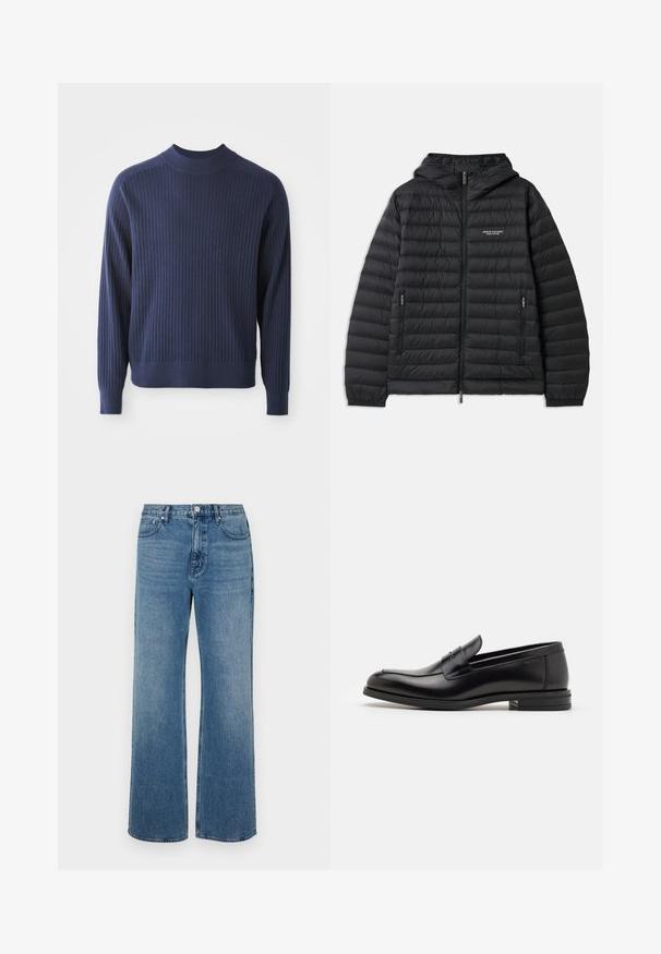 Zwarte gewatteerde jas met een capuchon, een rits aan de voorkant en twee zijzakken. Beschikt over een logo op de linkerkant van de borst en een structuur met gewatteerd ontwerp.; Donkerblauwe geribde sweater met een hoge hals, lange mouwen en een aansluitende zoom; de textuur van de stof voegt diepte toe.; Brede blauwe jeans van denim met een verouderde afwerking. Heeft vijf zakken, een sluiting met vooraan knoop en een rechte snit.; Zwarte leren instappers met een gladde textuur, ronde neus en een decoratieve band over de wreef. Lage, gestapelde hak en minimalistisch ontwerp.