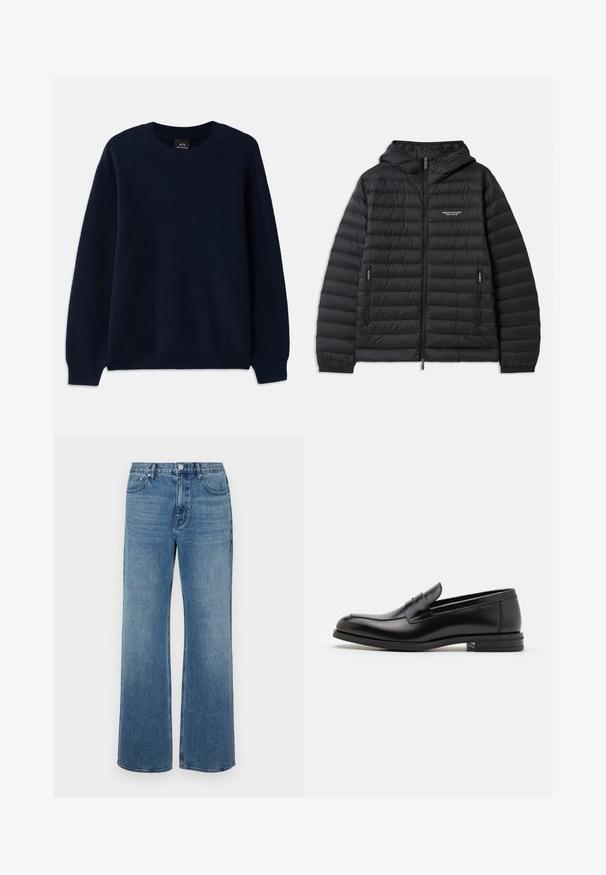 Zwarte gewatteerde jas met een capuchon, een rits aan de voorkant en twee zijzakken. Beschikt over een logo op de linkerkant van de borst en een structuur met gewatteerd ontwerp.; Navyblauwe ribgebreide trui met een ronde halslijn en lange mouwen. Heeft een textuurpatroon door de stof.; Brede blauwe jeans van denim met een verouderde afwerking. Heeft vijf zakken, een sluiting met vooraan knoop en een rechte snit.; Zwarte leren instappers met een gladde textuur, ronde neus en een decoratieve band over de wreef. Lage, gestapelde hak en minimalistisch ontwerp.