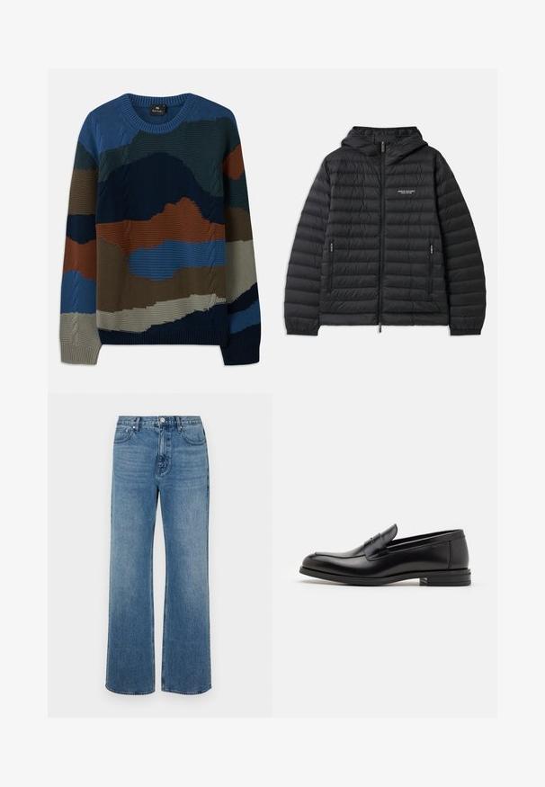 Giacca nera imbottita con cappuccio, chiusura zip frontale e due tasche laterali. Presenta un logo sul lato sinistro del petto e un design goffrato trapuntato.; Maglione lavorato a maglia con scollo rotondo e vari motivi testurizzati nei toni del blu, verde, marrone e grigio, decorato con dettagli a treccia.; Jeans a gamba larga blu in denim con una finitura sbiadita. Presentano cinque tasche, una chiusura con bottone frontale e una vestibilità dritta.; Mocassini neri in pelle con una texture liscia, punta arrotondata e una striscia decorativa sulla tomaia. Tacco basso impilato, design minimalista.