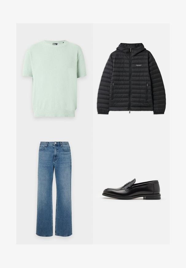 Pehmendatud must jakk kapuutsiga, ees luku ja kahe küljetaskuga. Funktsioonide seas on logo vasakul rinnal ja tekstureeritud, tikandiga muster.; Heleroheline lühikeste varrukatega kudumist sviiter soonikkoes varrukate, ääre ja ümmarguse kaelusega, valmistatud tekstuurse kangast.; Laiad sinised teksad, mis on valmistatud denimist ja millel on kulunud viimistlus. Omab viit taskut, ees nööpidega kinnitust ja sirget lõiget.; Mustad mustad nahast loafers sileda tekstuuriga, ümarat ninaosa ja dekoratiivne riba vampi üle. Madal kihiline konts, minimalistlik disain.