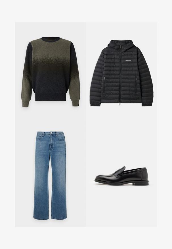 Padded black jacket with a hood, front zipper, and two side pockets. Features a logo on the left chest and textured, quilted design.; Knitted sweater featuring a gradient design, transitioning from dark green to black. Ribbed neckline and cuffs, soft texture.; Wide-leg blue jeans made of denim with a faded finish. Features five pockets, a front button closure, and a straight cut.; Black leather loafers with a smooth texture, rounded toe, and a decorative strap across the vamp. Low stacked heel, minimalist design.