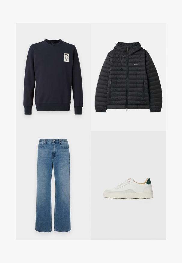 Vaatteet musta pehmustettu takki hupulla, edessä vetoketju ja kaksi sivutaskua. Oikealla rintakehässä logo ja teksturoitu, tikattu muotoilu.; Tummansininen collegepaita, joka on valmistettu puuvillasta, pyöreällä kaula-aukolla, resorihihansuilla ja etupuolella pyöräkuva sekä teksti.; Levelederg blå jeans laget av denim med en falmet finish. Har fem lommer, glidelås foran og rett snitt.; Valkoiset tennarit, joissa on nahkaosia, pyöreä kärki, tasaiset nauhat ja kermaisa kumi-pohja. Takana vihreä brändäys.