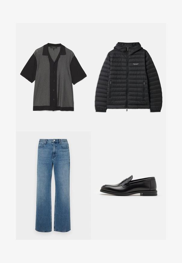 Pudret sort jakke med hætte, lynlås foran og to sidelommer. Har et logo på venstre bryst og en struktureret, quiltet design.; Sort og grå kortærmet skjorte med et lodret stribet mønster, knapfront og krave. Fremstillet af blødt strikstof.; Bredde ben blå jeans lavet af denim med en falmet finish. Har fem lommer, en frontknaplukning og en lige pasform.; Sorte læderloafers med en glat overflade, rund tå og en dekorativ strop over vampen. Lav hæl med stabeldesign, minimalistisk stil.
