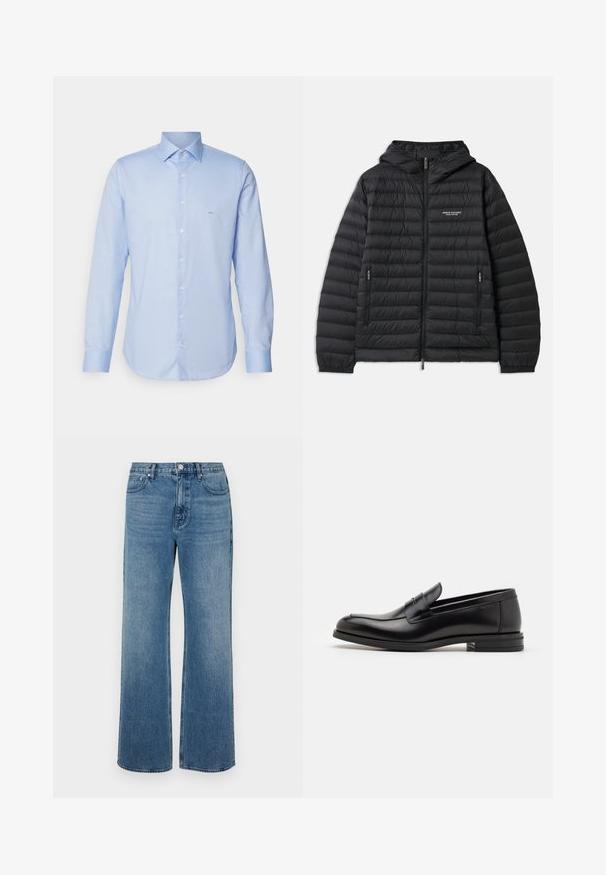 Crna jakna s podstavom, s kapuljačom, prednjim zatvaračem i dva bočna džepa. Sadrži logo na lijevoj strani prsnog dijela i teksturirani, quilted dizajn.; Svijetloplena košulja dugih rukava s dugim rukavima od tkanine. Ima šiljastu kragnu, tipku spreda i minimalni logo na prsima.; Široke plave traperice od denima s izblijeđenim završetkom. Imaju pet džepova, prednje kopčanje na gumb i ravni kroj.; Crni kožni mokasini s glatkom teksturom, zaobljenim prstima i ukrasnom trakom preko prednjeg dijela. Niski slojeviti potplat, minimalistički dizajn.