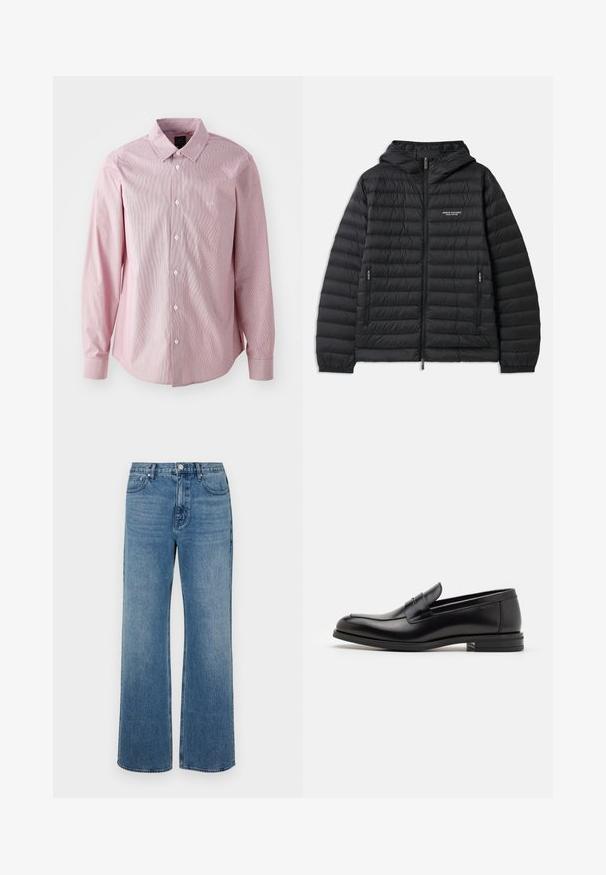 Ocieplana czarna kurtka z kapturem, z zapięciem na zamek z przodu oraz dwoma bocznymi kieszeniami. Posiada logo na lewej piersi oraz textured, pikowany wzór.; Różowa w paski koszula z długim rękawem, z kołnierzykiem zapinanym na guziki, z przodem zapinanym na guziki, białymi guzikami i małym logo po lewej stronie klatki piersiowej.; Szerokie niebieskie dżinsy wykonane z denimu o wyblakłym wykończeniu. Posiadają pięć kieszeni, zapięcie na guzik z przodu oraz prosty krój.; Czarne skórzane mokasyny o gładkiej fakturze, zaokrąglonym nosku i dekoracyjnym pasku na przodzie. Niski, warstwowy obcas, minimalistyczny design.