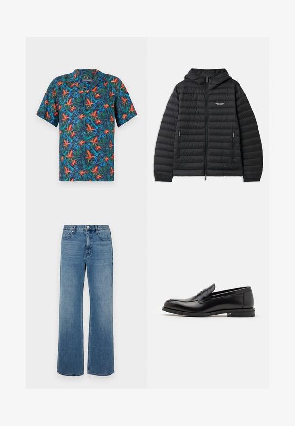 Pehmendatud must jakk kapuutsiga, ees luku ja kahe küljetaskuga. Funktsioonide seas on logo vasakul rinnal ja tekstureeritud, tikandiga muster.; Lühikese varrukaga särk, millel on tume sinine taust ja erksad troopilised lillemustrid oranži, rohelise ja sinisega. Nööbiga krae.; Laiad sinised teksad, mis on valmistatud denimist ja millel on kulunud viimistlus. Omab viit taskut, ees nööpidega kinnitust ja sirget lõiget.; Mustad mustad nahast loafers sileda tekstuuriga, ümarat ninaosa ja dekoratiivne riba vampi üle. Madal kihiline konts, minimalistlik disain.