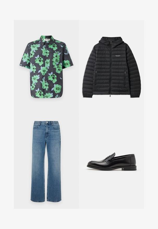 Jachetă neagră căptușită cu glugă, fermoar frontal și două buzunare laterale. Prezintă un logo pe pieptul stâng și un design texturat, matlasat.; Cămașă cu mâneci scurte din material închis la culoare, cu un imprimeu floral mare în nuanțe de verde și albastru deschis. Include un buzunar pe piept cu clapetă.; Jeans cu picioare largi din denim, cu un finisaj decolorat. Au cinci buzunare, închidere cu buton frontale și un croi drept.; Mocasini din piele neagră cu o textură netedă, vârf rotund și o curea decorativă peste partea superioară. Toc mic, design minimalist.