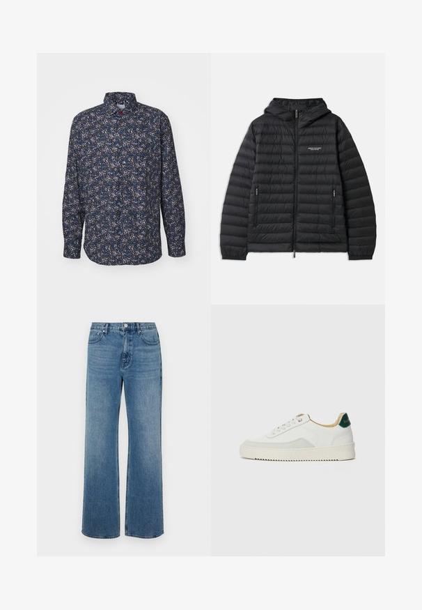 Vaatteet musta pehmustettu takki hupulla, edessä vetoketju ja kaksi sivutaskua. Oikealla rintakehässä logo ja teksturoitu, tikattu muotoilu.; Pitkähihaine t-paita sinisessä ja mustassa kukkakuosisessa. Varustettu napilla kiinnitettävällä kauluksella ja napeilla edessä. Valmistettu kevyestä kankaasta.; Levelederg blå jeans laget av denim med en falmet finish. Har fem lommer, glidelås foran og rett snitt.; Valkoiset tennarit, joissa on nahkaosia, pyöreä kärki, tasaiset nauhat ja kermaisa kumi-pohja. Takana vihreä brändäys.