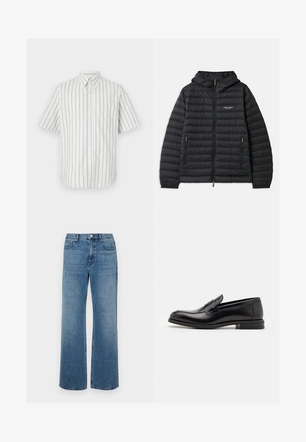 Podložena črna jakna s kapuco, sprednjim zadrgo in dvema stranskima žepoma. Ima logotip na levem prsnem delu in teksturiran, quilted dizajn.; Kratka srajca s kratkimi rokavi v beli barvi s temno sivo navpično črtami, ki ima žep na levem prsnem delu in standardni ovratnik.; Modri široki jeans iz denima z izbledelim zaključkom. Imajo pet žepov, sprednje zapiranje na gumb in ravno krojenje.; Črne usnjene loafer čevlje z gladko teksturo, zaobljenim nosom in dekorativnim trakom čez zgornji del. Nizka zložena peta, minimalističen dizajn.