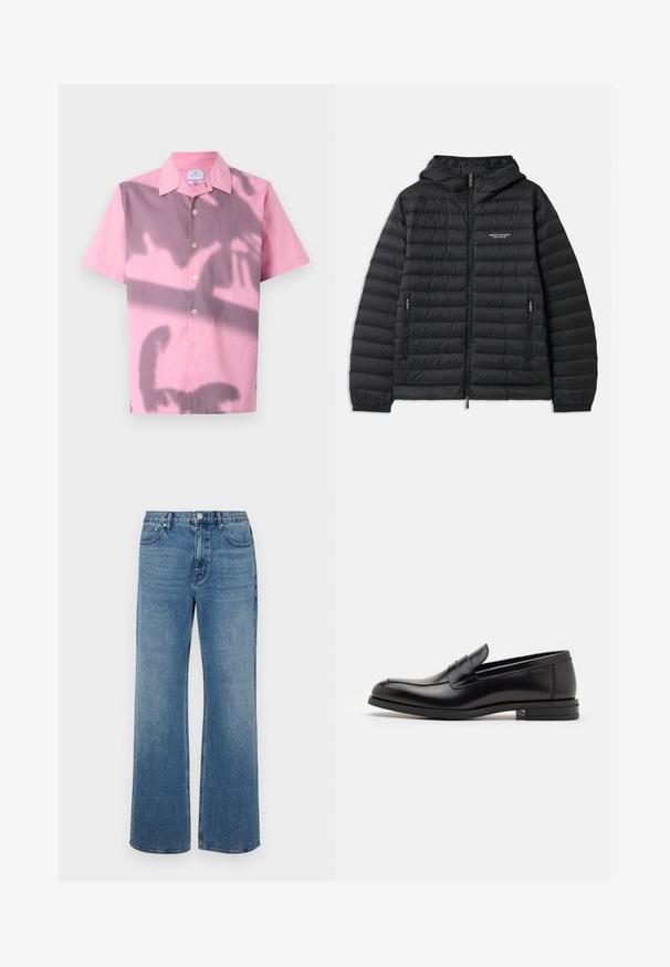 Pehmendatud must jakk kapuutsiga, ees luku ja kahe küljetaskuga. Funktsioonide seas on logo vasakul rinnal ja tekstureeritud, tikandiga muster.; Roosa lühikeste varrukatega särk, millel on gradientsidisain, mis üleminekult roosalt läheb üle lillaks, varustatud nööpidega esiküljel ja standardse kraega.; Laiad sinised teksad, mis on valmistatud denimist ja millel on kulunud viimistlus. Omab viit taskut, ees nööpidega kinnitust ja sirget lõiget.; Mustad mustad nahast loafers sileda tekstuuriga, ümarat ninaosa ja dekoratiivne riba vampi üle. Madal kihiline konts, minimalistlik disain.