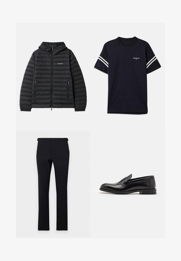 Vaatteet musta pehmustettu takki hupulla, edessä vetoketju ja kaksi sivutaskua. Oikealla rintakehässä logo ja teksturoitu, tikattu muotoilu.; T-paita laivastonsinistä puuvillasta, jossa on pyöreä kaula-aukko, lyhyet hihat ja valkoiset raidat hartioissa, sekä painettu logo rinnassa.; Mustat suorat housut, jotka on valmistettu sileästä kankaasta. Varustettu vyölenkeillä, nappisulkimella ja ilman näkyviä kuvioita tai yksityiskohtia.; Mustat nahkakengät, joissa on sileä pinta, pyöreä kärki ja koristeellinen nauha jalkapöydän yli. Matala pinoitu koroke, minimalistinen muotoilu.