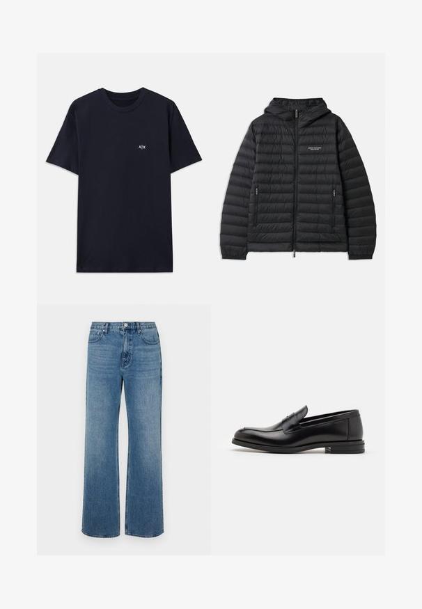 Pružná černá bunda s kapucí, předním zipem a dvěma bočními kapsami. Obsahuje logo na levé části hrudi a texturovaný, prošívaný design.; Tyrkysové bavlněné tričko s krátkým rukávem a kulatým výstřihem. Na levé části hrudi se nachází malé bílé logo "A|X".; Široké modré džíny vyrobené z denimu s vybledlým povrchem. Mají pět kapes, přední zapínání na knoflík a rovný střih.; Černé kožené polobotky s hladkou texturou, zaoblenou špičkou a zdobným páskem přes nárt. Nízký stohovaný podpatek, minimalistický design.