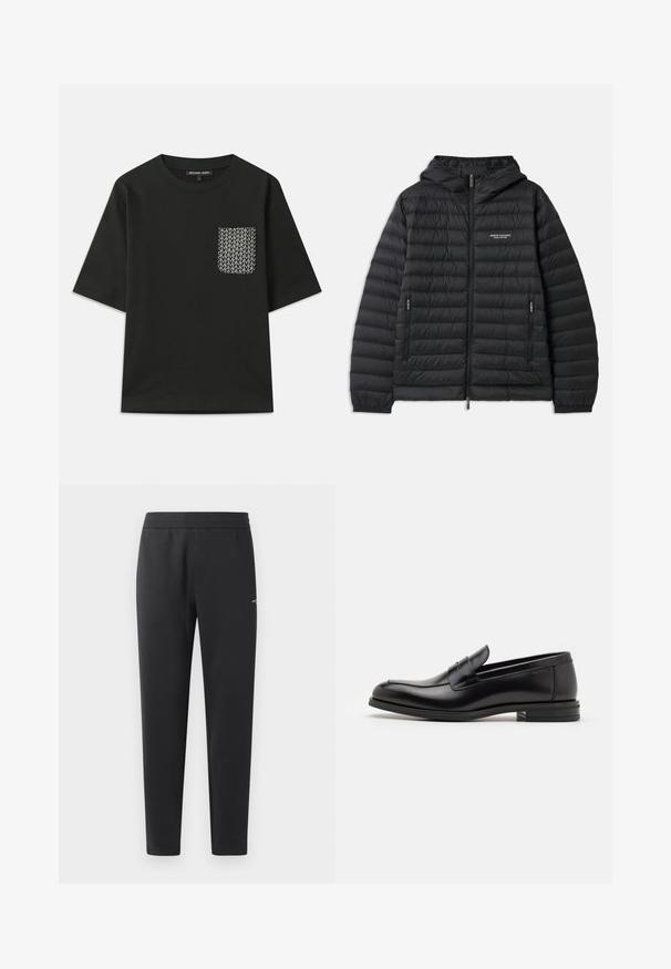 Podložena črna jakna s kapuco, sprednjim zadrgo in dvema stranskima žepoma. Ima logotip na levem prsnem delu in teksturiran, quilted dizajn.; Črna bombažna majica s krožnim izrezom in kratkimi rokavi. Ima vzorčasto žepek na levi strani z belimi geometrijskimi vzorci.; Črne trenirka hlače iz mehkega blaga, z elastičnim pasom, ravnimi nogami in z enim majhnim logotipom na strani.; Črne usnjene loafer čevlje z gladko teksturo, zaobljenim nosom in dekorativnim trakom čez zgornji del. Nizka zložena peta, minimalističen dizajn.