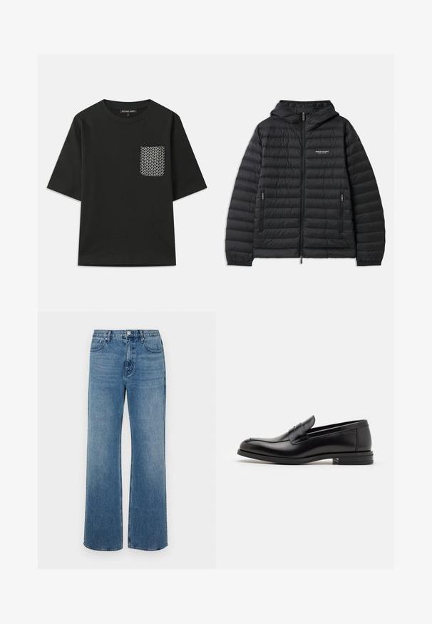 Pehmendatud must jakk kapuutsiga, ees luku ja kahe küljetaskuga. Funktsioonide seas on logo vasakul rinnal ja tekstureeritud, tikandiga muster.; Must must särk musta värviga, ümarate kaelustega ja lühikeste varrukatega. Vasakul küljel on mustriline tasku, millel on valged geomeetrilised mustrid.; Laiad sinised teksad, mis on valmistatud denimist ja millel on kulunud viimistlus. Omab viit taskut, ees nööpidega kinnitust ja sirget lõiget.; Mustad mustad nahast loafers sileda tekstuuriga, ümarat ninaosa ja dekoratiivne riba vampi üle. Madal kihiline konts, minimalistlik disain.