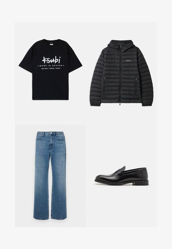 Podložena črna jakna s kapuco, sprednjim zadrgo in dvema stranskima žepoma. Ima logotip na levem prsnem delu in teksturiran, quilted dizajn.; Črna bombažna majica s sproščenim krojem. Opremljena z belim grafičnim besedilom "ksubi" in "MADE IN HEAVEN" ter imeni mest spodaj. Klasična zasnova s krojačim izrezom.; Modri široki jeans iz denima z izbledelim zaključkom. Imajo pet žepov, sprednje zapiranje na gumb in ravno krojenje.; Črne usnjene loafer čevlje z gladko teksturo, zaobljenim nosom in dekorativnim trakom čez zgornji del. Nizka zložena peta, minimalističen dizajn.