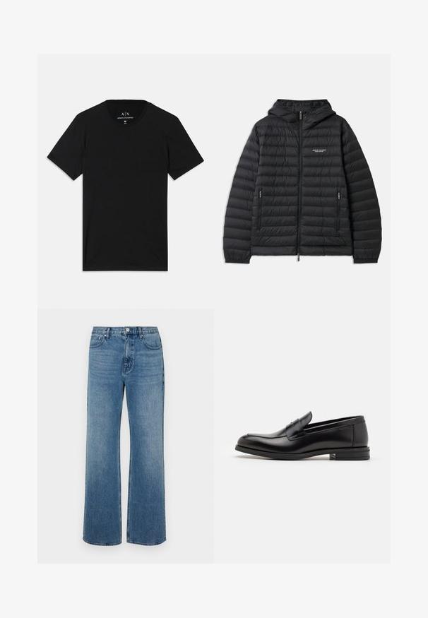 Ocieplana czarna kurtka z kapturem, z zapięciem na zamek z przodu oraz dwoma bocznymi kieszeniami. Posiada logo na lewej piersi oraz textured, pikowany wzór.; Czarny t-shirt wykonany z bawełny, z krótkimi rękawami, okrągłym dekoltem oraz metką z logo marki na wewnętrznej stronie kołnierza.; Szerokie niebieskie dżinsy wykonane z denimu o wyblakłym wykończeniu. Posiadają pięć kieszeni, zapięcie na guzik z przodu oraz prosty krój.; Czarne skórzane mokasyny o gładkiej fakturze, zaokrąglonym nosku i dekoracyjnym pasku na przodzie. Niski, warstwowy obcas, minimalistyczny design.